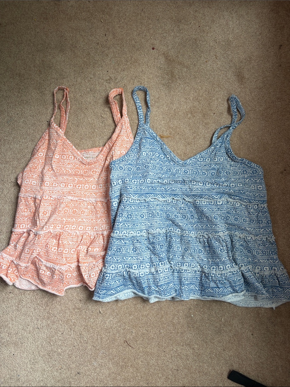 American Eagle Outfitters Peach & Light Blue Printed Tank Tops S and M